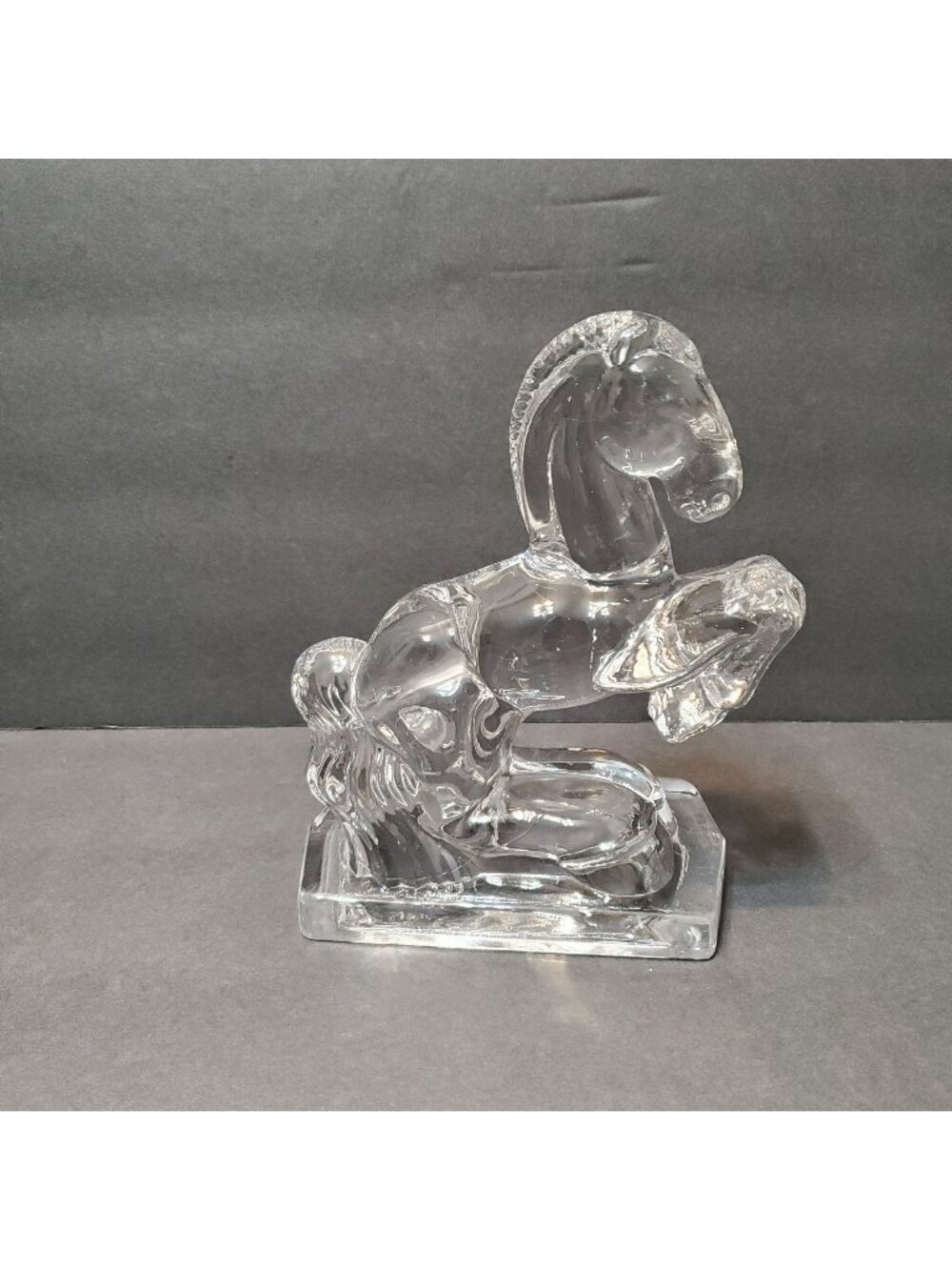 Vintage LE Smith Glass Horse Bookend Figurine, Clear Art Deco Rearing Stallion
